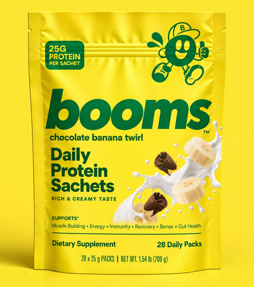 booms Chocolate Banana Twirl — 28 daily protein sachets pouch