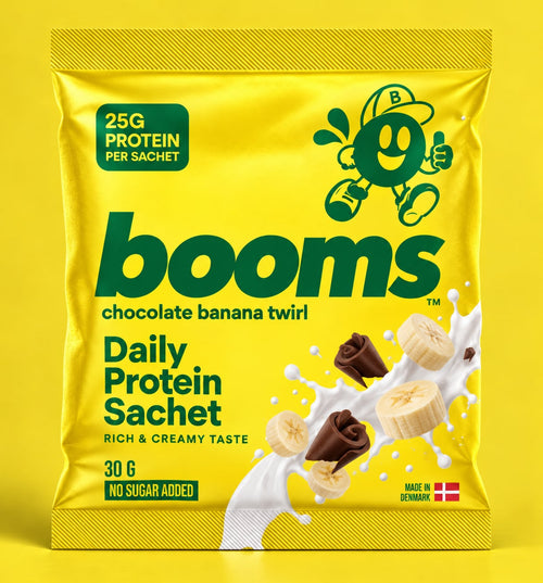 booms Chocolate Banana Twirl — single 30 g daily protein sachet